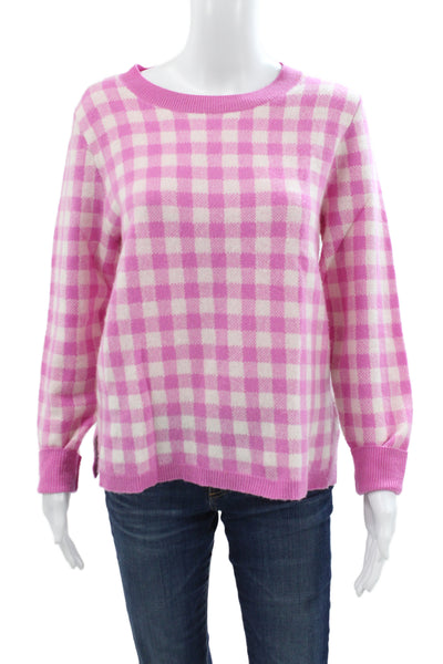 J Crew Women Pink Cashmere Crew Neck Check Pullover Sweater Long Sleeve Size M