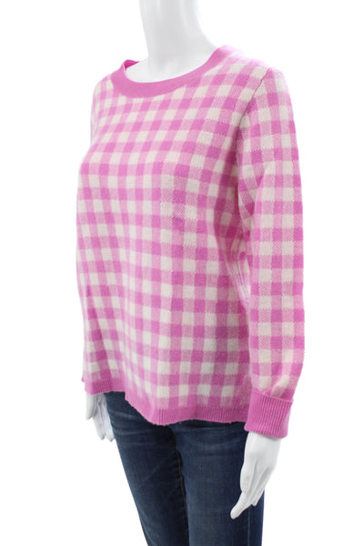 J Crew Women Pink Cashmere Crew Neck Check Pullover Sweater Long Sleeve Size M