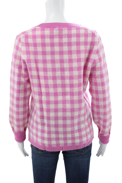 J Crew Women Pink Cashmere Crew Neck Check Pullover Sweater Long Sleeve Size M