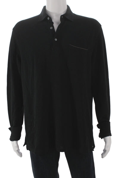 Ermenegildo Zegna Mens Long Sleeve Collared Knit Polo Shirt Black Cotton Large