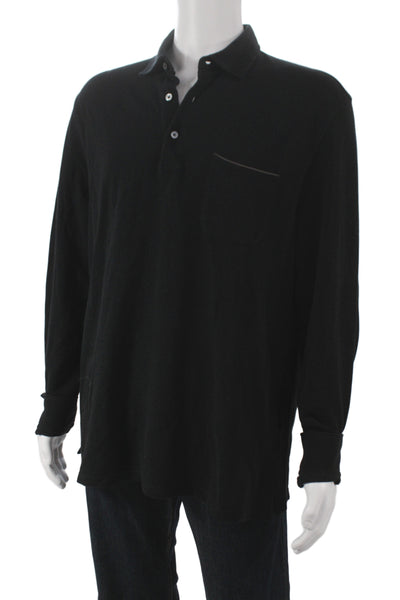Ermenegildo Zegna Mens Long Sleeve Collared Knit Polo Shirt Black Cotton Large