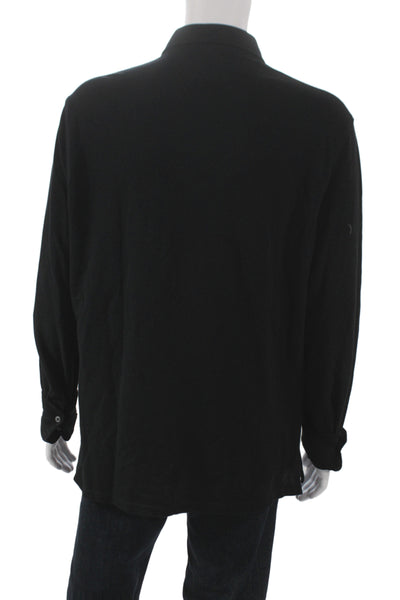 Ermenegildo Zegna Mens Long Sleeve Collared Knit Polo Shirt Black Cotton Large