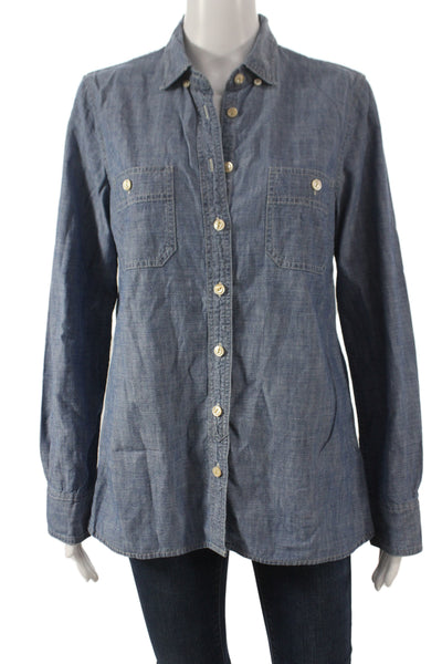 J Crew Women Collared Button-Up Shirt Blue 100% Cotton Long Sleeve Size 10