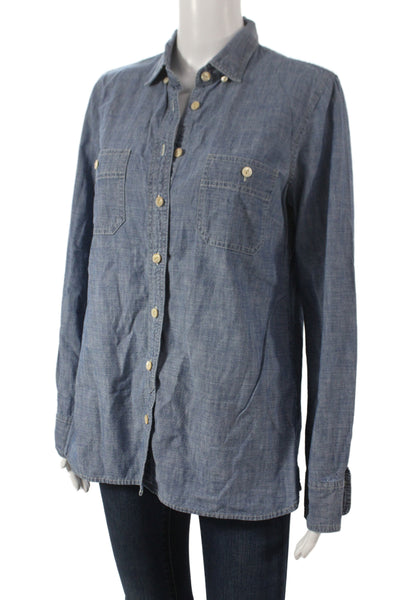J Crew Women Collared Button-Up Shirt Blue 100% Cotton Long Sleeve Size 10