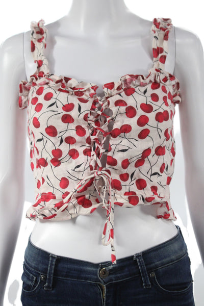 Reformation Womens Beige Linen Lace Up Camisole Square Neck Cherry Print Size 4
