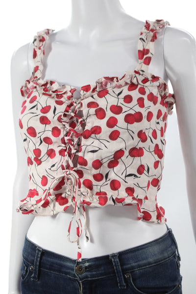 Reformation Womens Beige Linen Lace Up Camisole Square Neck Cherry Print Size 4