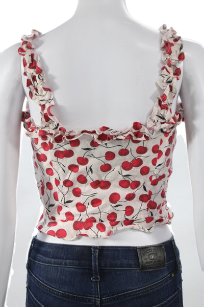 Reformation Womens Beige Linen Lace Up Camisole Square Neck Cherry Print Size 4