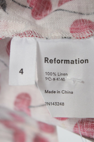 Reformation Womens Beige Linen Lace Up Camisole Square Neck Cherry Print Size 4