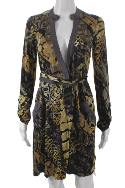 Hale Bob Women Wrap Dress Brown Silk V Neck Long Sleeve Tie Knee Length Size XS