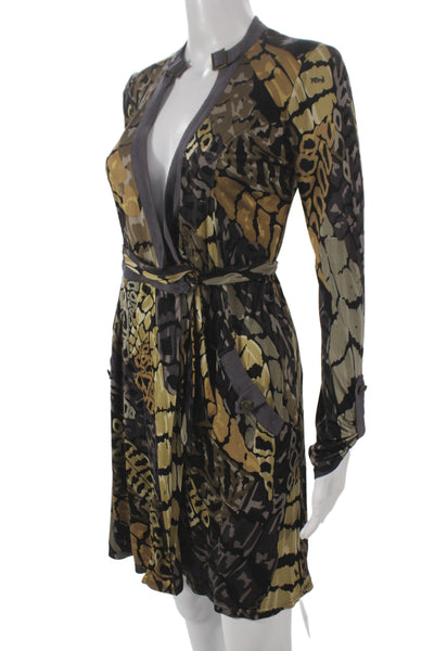 Hale Bob Women Wrap Dress Brown Silk V Neck Long Sleeve Tie Knee Length Size XS