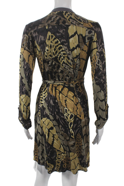 Hale Bob Women Wrap Dress Brown Silk V Neck Long Sleeve Tie Knee Length Size XS