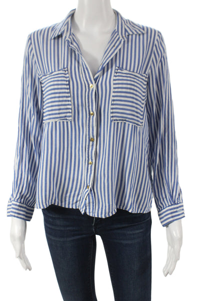 Zara Basic Womens Striped Cotton Collared Long Sleeve Blouse Blue Size S