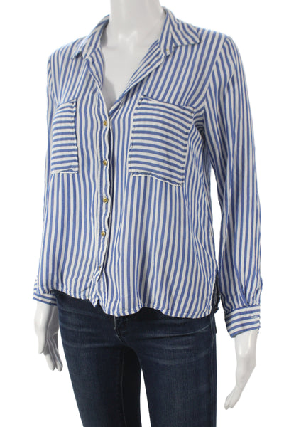 Zara Basic Womens Striped Cotton Collared Long Sleeve Blouse Blue Size S