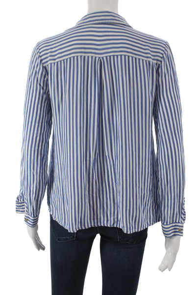 Zara Basic Womens Striped Cotton Collared Long Sleeve Blouse Blue Size S