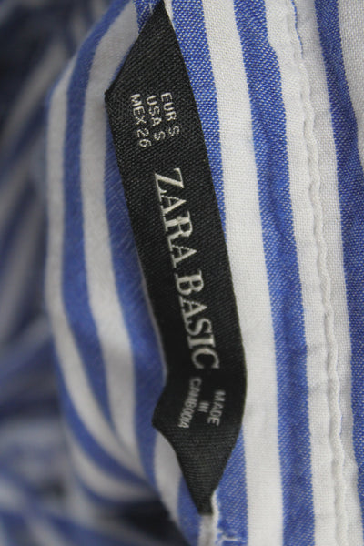 Zara Basic Womens Striped Cotton Collared Long Sleeve Blouse Blue Size S