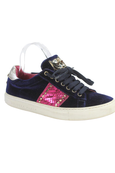 Phillip Plein Womens Velvet Studded Sneakers Navy Blue Pink Size 39.5 9.5