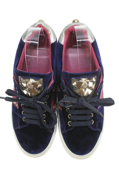 Phillip Plein Womens Velvet Studded Sneakers Navy Blue Pink Size 39.5 9.5