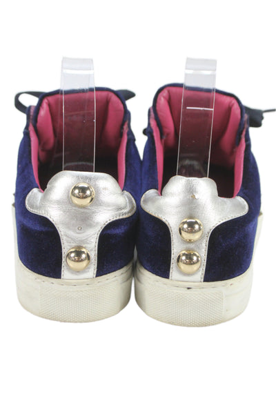 Phillip Plein Womens Velvet Studded Sneakers Navy Blue Pink Size 39.5 9.5