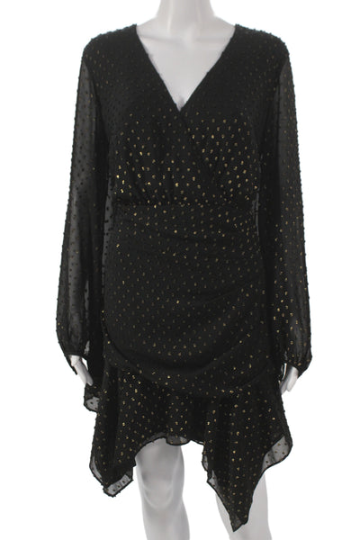 Haney Womens Wrap Dress Black Chiffon Polka Dot V-Neck Long Sleeve Size 10