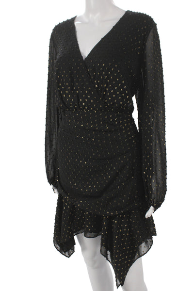 Haney Womens Wrap Dress Black Chiffon Polka Dot V-Neck Long Sleeve Size 10