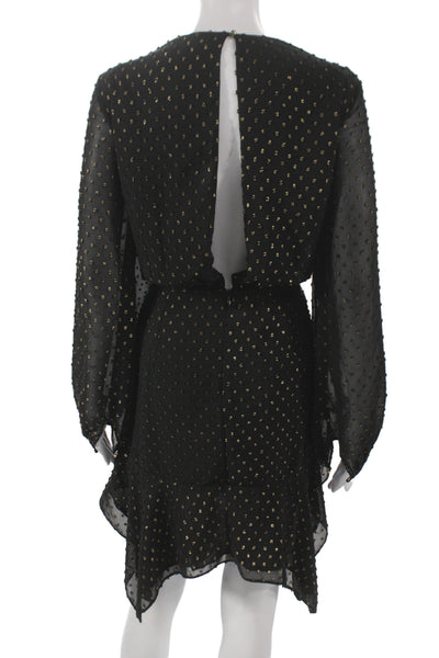 Haney Womens Wrap Dress Black Chiffon Polka Dot V-Neck Long Sleeve Size 10