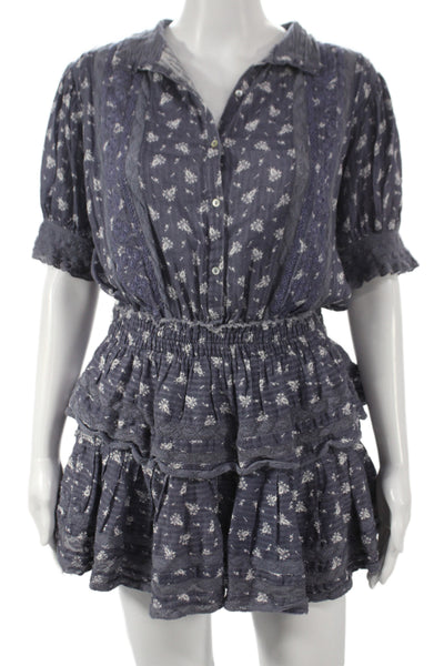 Love Shack Fancy Womens Mini Dress Blue Floral Cotton Size S