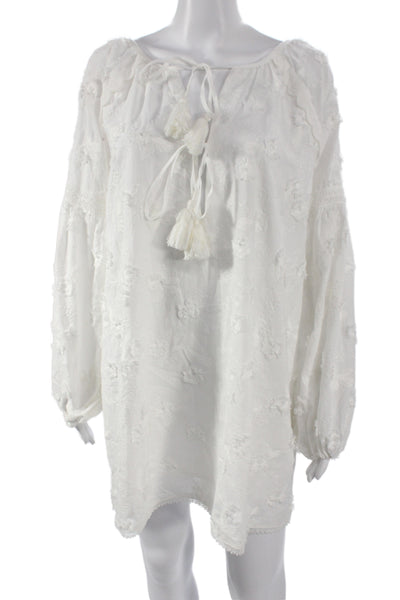 Bell Women Tunic Blouse White Floral Long Sleeve Tie Cotton Size XS