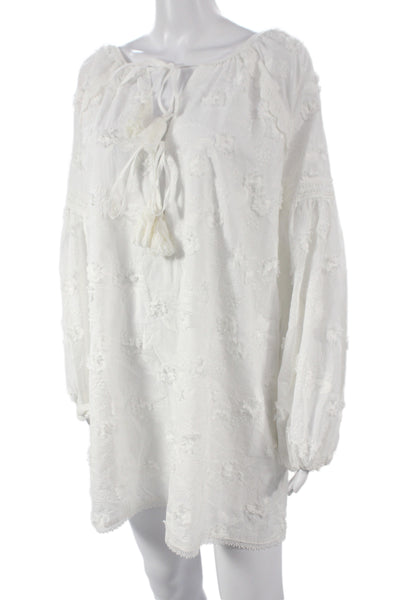 Bell Women Tunic Blouse White Floral Long Sleeve Tie Cotton Size XS