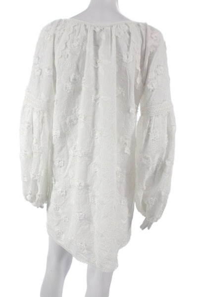 Bell Women Tunic Blouse White Floral Long Sleeve Tie Cotton Size XS