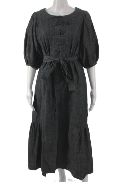 Ampersand Heart Womens Gray Bohemian Maxi Dress 3/4 Sleeve Lace Up Size 38