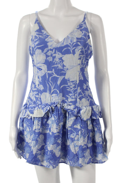 Love Shack Fancy Womens Blue Floral V Neck Sleeveless Mini Dress Size 6