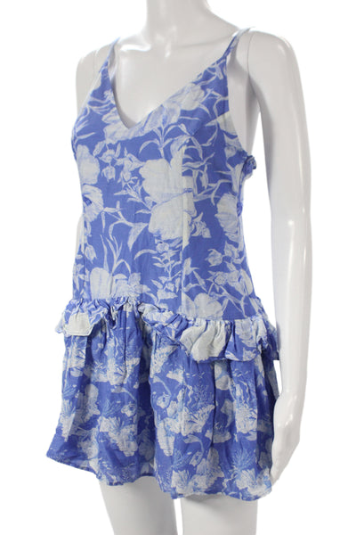 Love Shack Fancy Womens Blue Floral V Neck Sleeveless Mini Dress Size 6