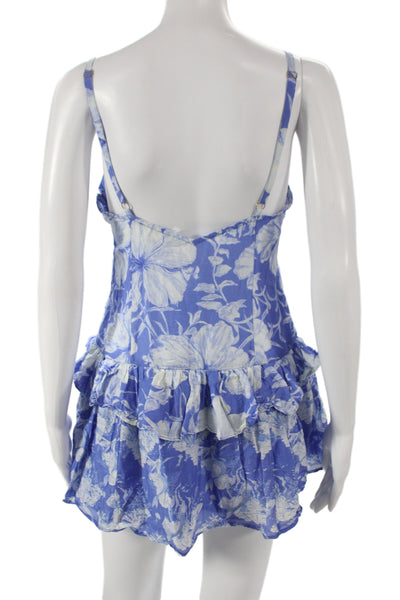 Love Shack Fancy Womens Blue Floral V Neck Sleeveless Mini Dress Size 6