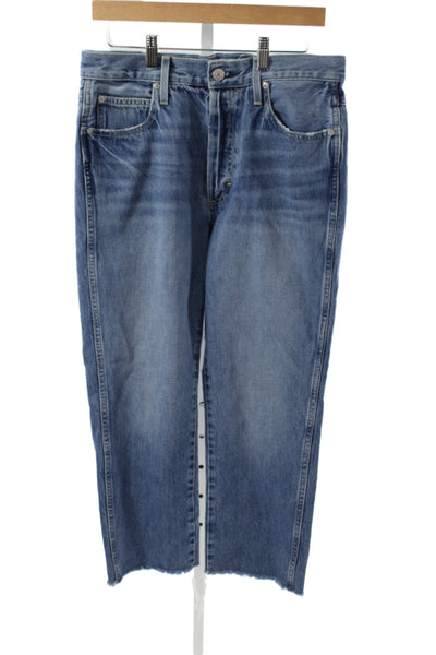 Amo Women Cropped Jeans Blue Mid Rise Button 100% Cotton Size 31