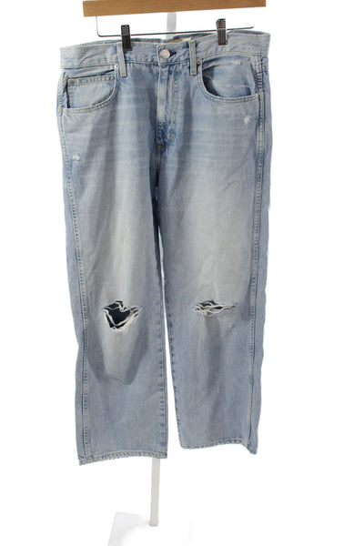 Amo Women Straight Jeans Blue Distressed Cotton Mid Rise Button Size 29
