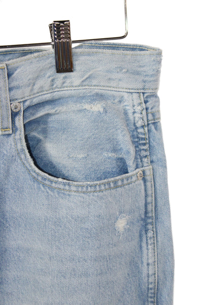 Amo Women Straight Jeans Blue Distressed Cotton Mid Rise Button Size 29