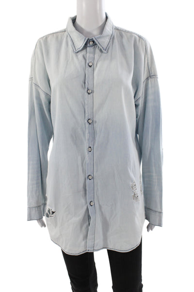 NSF Womens Collared Tunic Button-Up Blue Cotton Long Sleeve Distressed Size S