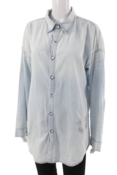 NSF Womens Collared Tunic Button-Up Blue Cotton Long Sleeve Distressed Size S