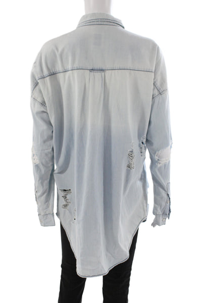 NSF Womens Collared Tunic Button-Up Blue Cotton Long Sleeve Distressed Size S