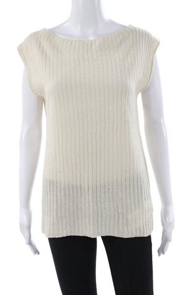 Zara Women Ribbed Striped Boat Neck Sparkly Sleeveless Pullover Ivory Size S
