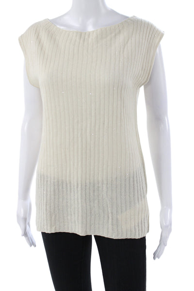 Zara Women Ribbed Striped Boat Neck Sparkly Sleeveless Pullover Ivory Size S