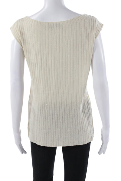 Zara Women Ribbed Striped Boat Neck Sparkly Sleeveless Pullover Ivory Size S