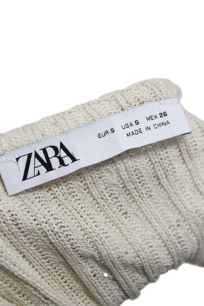 Zara Women Ribbed Striped Boat Neck Sparkly Sleeveless Pullover Ivory Size S
