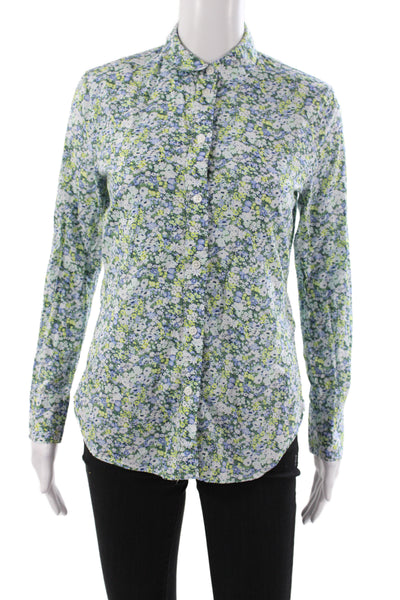 J Crew Women Basic Floral Collared Cotton Button-Up Long Sleeve Blue Size 0