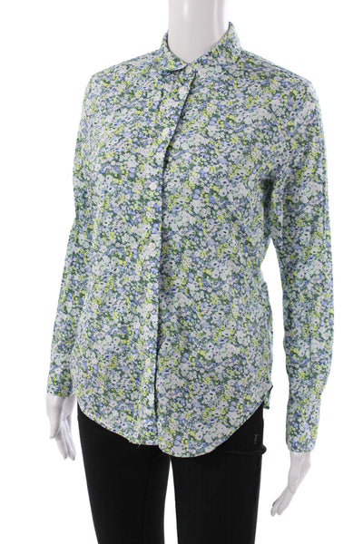J Crew Women Basic Floral Collared Cotton Button-Up Long Sleeve Blue Size 0