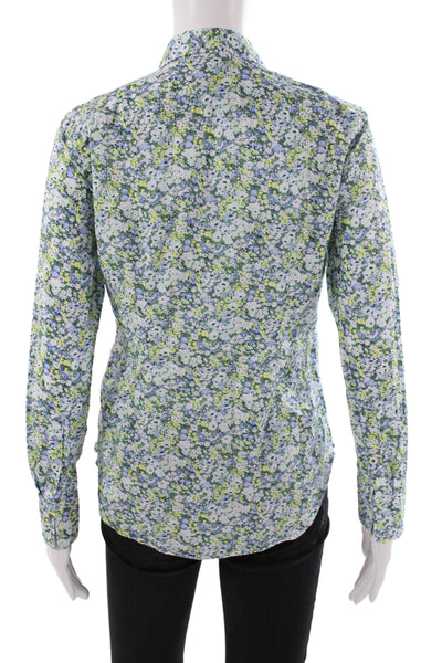 J Crew Women Basic Floral Collared Cotton Button-Up Long Sleeve Blue Size 0