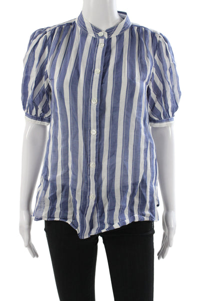 Banana Republic Women Blue Striped Ramie High Neck Short Sleeve Blouse Size XS