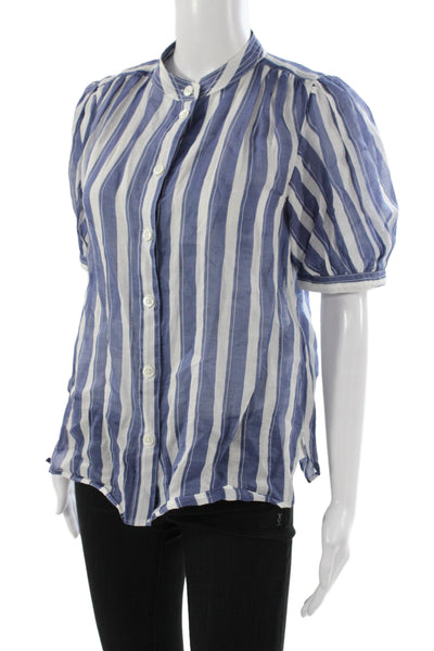 Banana Republic Women Blue Striped Ramie High Neck Short Sleeve Blouse Size XS