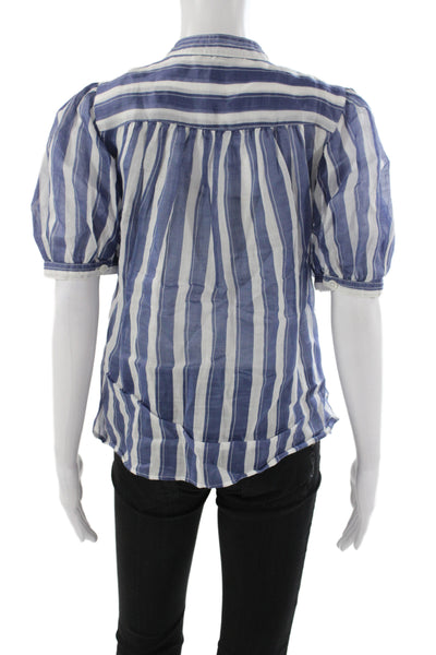 Banana Republic Women Blue Striped Ramie High Neck Short Sleeve Blouse Size XS