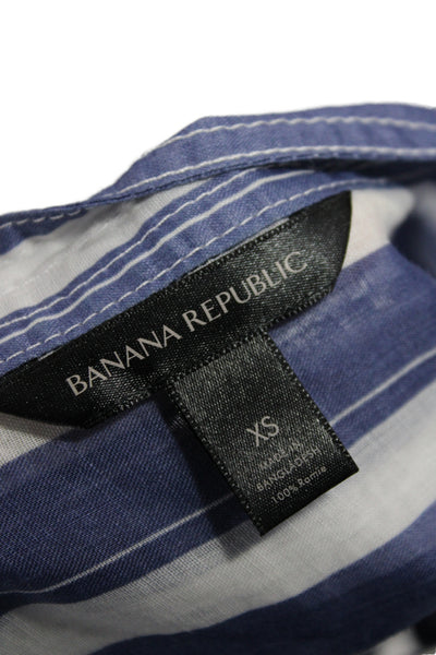 Banana Republic Women Blue Striped Ramie High Neck Short Sleeve Blouse Size XS